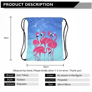 Polyester drawstring backpack with pink flamingo print, size 39x30cm on white background