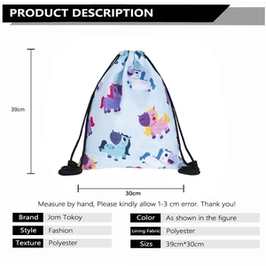 Detailed size chart showing dimensions 39x30cm for the blue unicorn drawstring backpack