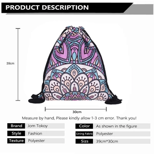 Detailed view of mandala pattern polyester drawstring bag measuring 39cm by 30cm