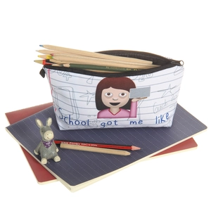 Canvas pencil pouch featuring School got me like print and emoji girl on notebook stack