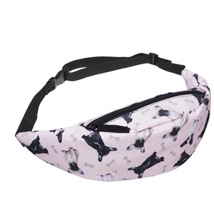 Pink fanny pack with French bulldog print, adjustable strap, and durable buckle