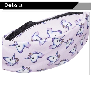 Detail showing creative unicorn print on purple fabric with durable black metal zipper