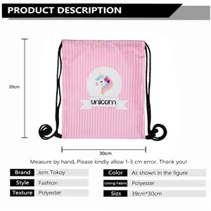 Pink unicorn drawstring bag size chart 39x30cm made of durable polyester material