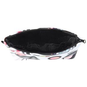 Cosmetic bag with colorful eye print featuring a large opening and black interior