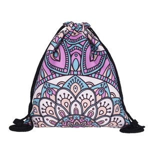 Detail of bohemian mandala floral print on durable polyester drawstring backpack