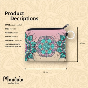 Mandala floral square polyester coin purse with zip closure and key ring, 12x9.5cm