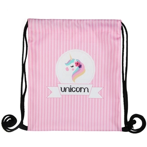 Pink striped drawstring backpack featuring a colorful unicorn print and black rope cords