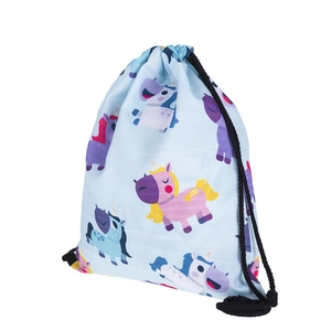 Detail view of the durable black drawstrings on a light blue unicorn pattern bag