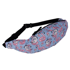 Blue waist bag with colorful unicorn and flamingo prints for outdoor sports and travel
