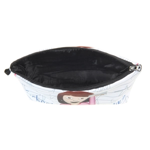 White canvas makeup bag with cartoon emoji prints and black lining interior view