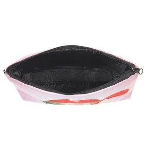 Pink canvas makeup bag with red fruit print and black zipper on white background