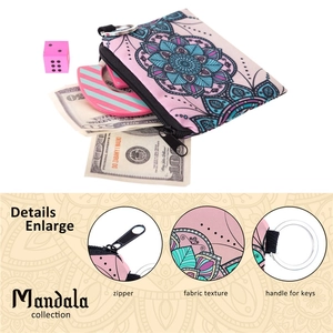 Pink canvas coin purse with mandala print featuring metal keyring and functional details