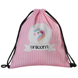 Detail of pink striped drawstring bag featuring a colorful unicorn print on polyester fabric