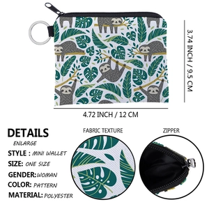 Waterproof cartoon sloth coin purse with tropical leaves and key ring attachment