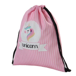 Detail of pink unicorn print on a striped drawstring backpack with black ropes