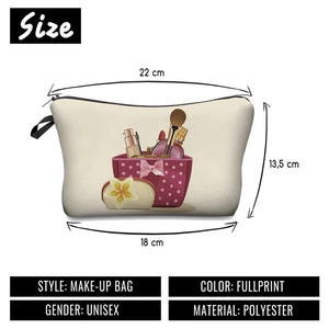 Polyester makeup bag with printed cosmetics pattern and detailed size specifications
