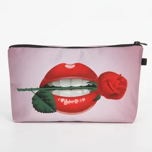 Women Fashion Polyester Makeup Bag Red Lips Rose Print Zipper Cosmetic Pouch Travel Toiletry Storage Bag Beauty Organizer