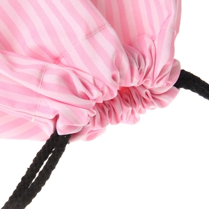 Pink and white striped drawstring bag with durable black woven cord and fabric texture
