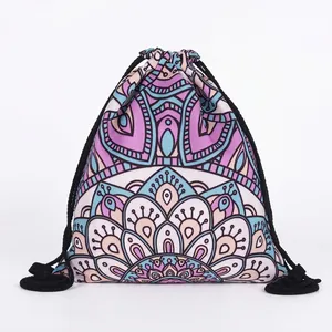Mandala Print Drawstring Backpack For Women Bohemian Floral Polyester String Bag For Travel Casual Storage Pack