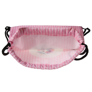 Internal view of pink striped drawstring bag featuring a colorful unicorn print inside