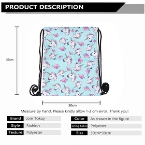 Blue drawstring backpack with pink unicorn print made of durable polyester material