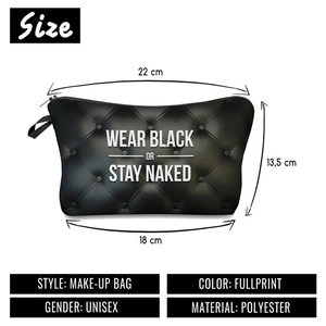 Detailed size chart of a black polyester makeup bag with white text and quilted pattern