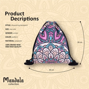 Mandala print drawstring backpack made of polyester measuring 30x39cm for travel