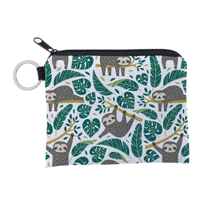 Close-up of waterproof sloth cartoon coin purse with leaf prints and metal keyring