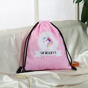 Pink striped drawstring backpack featuring a cute unicorn graphic and sturdy black straps