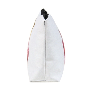 White canvas makeup pouch with pink floral print and black zipper on white background