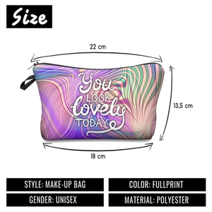 Detailed dimensions of the colorful wave print makeup bag with zipper and quote