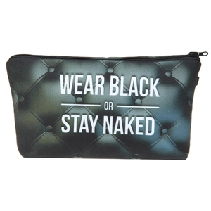 Detail of black makeup bag with WEAR BLACK OR STAY NAKED text and quilted pattern