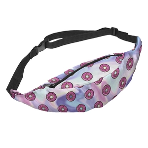 Detailed macro view of the colorful donut print and adjustable black nylon strap with buckle