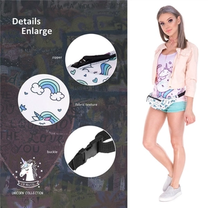 Detail showing cartoon unicorn printed waist bag with zipper and adjustable strap