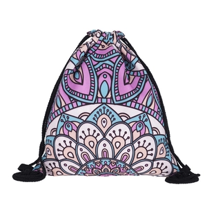 Mandala print drawstring backpack with purple and blue floral patterns on white background