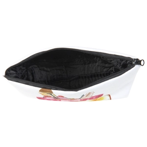 Flat top-down view of a white printed cosmetic bag with colorful makeup illustration and zipper
