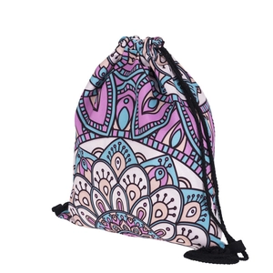 Mandala print drawstring backpack with purple and blue geometric patterns