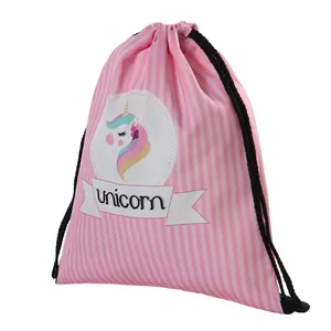 Pink White Striped Unicorn Print Polyester Drawstring Backpack For Kids Girls Women Travel Cinch Sack School Gym Lightweight Bag