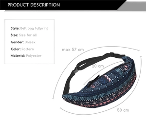 Detailed technical diagram of unisex polyester fanny pack with geometric pattern and dimensions