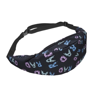 Detail view of the durable black fabric waist bag with purple RAD pattern and buckle
