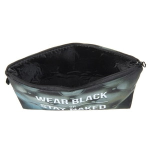 Multipurpose black makeup bag with Wear Black Or Stay Naked print and quilted pattern