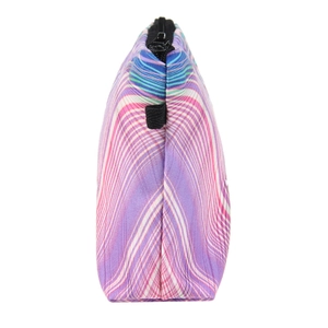 Close-up side view of colorful abstract print makeup bag with black zipper and handle