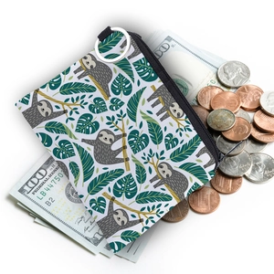 Waterproof cartoon sloth coin purse with tropical leaves print and metal zipper