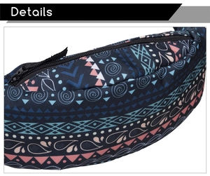 Close-up of bohemian geometric patterns and durable zipper on the blue waist bag
