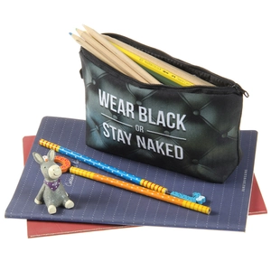 Black canvas makeup bag with white text print for stationery and cosmetic storage