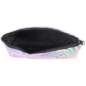Colorful ripple pattern cosmetic bag with Good Vibes print and black zip closure