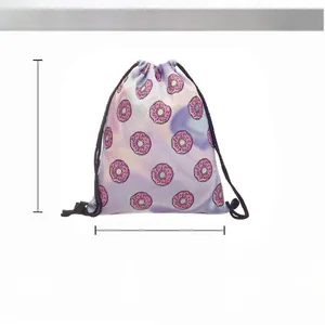 Detailed size chart and specifications for the donut print polyester drawstring backpack