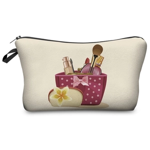 Cosmetic bag with makeup theme illustration and zipper closure on a white background