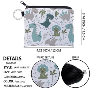 Square polyester mini coin purse with dinosaur cartoon print, zipper, and key ring