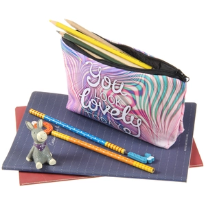 Colorful wave print makeup bag with 'You Look Lovely Today' slogan on notebooks